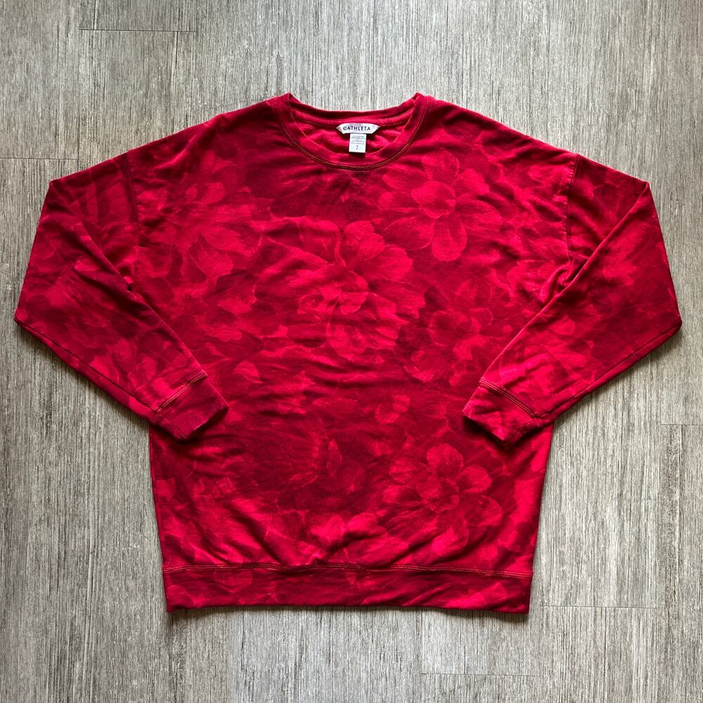 Athleta Red Floral Print Crewneck Oversized Lightweight Sweatshirt Size Small